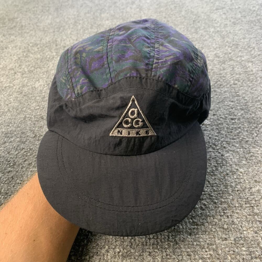 VTG 90s Nike ACG 5 Panel Strap Back Hat Green Purple Black Camo Embroidered